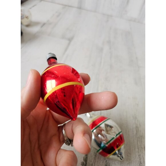 Antique diamond indent teardrop red striped green mercury glass ornament Xmas se - Picture 7 of 14